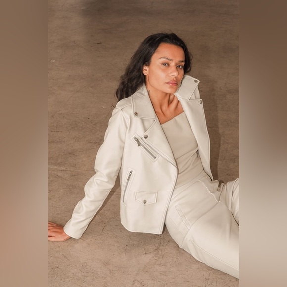 Lulus Jackets & Blazers - LULUS Out for the Night Beige Vegan Leather Moto Jacket